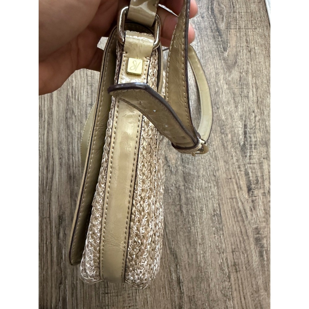 Sarah Violet Straw Woven Crossbody Bag Tan Patent Trim Small Summer Purse‎ - Picture 15 of 16